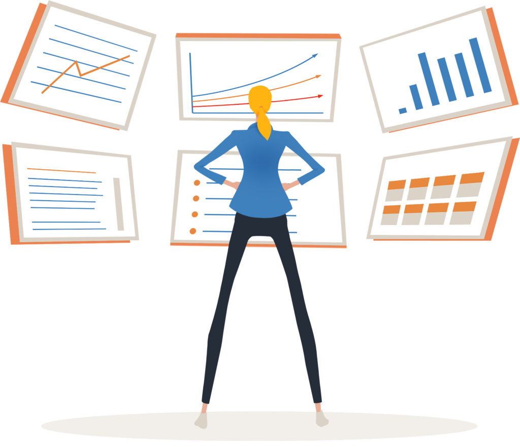 A woman viewing multiple screens displaying data analytics and statistics for project health transparency.