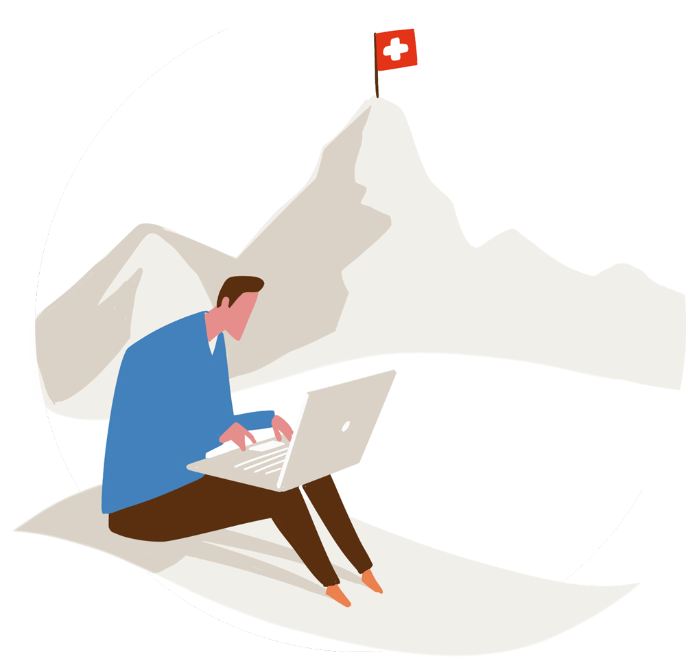 Grafik zum Thema ‚Swiss made software‘: Ein Nutzer arbeitet mobil in einer Schweizer Alpenlandschaft, symbolisch für die Qualität und Flexibilität der Software earnedIT von optimizeIT.